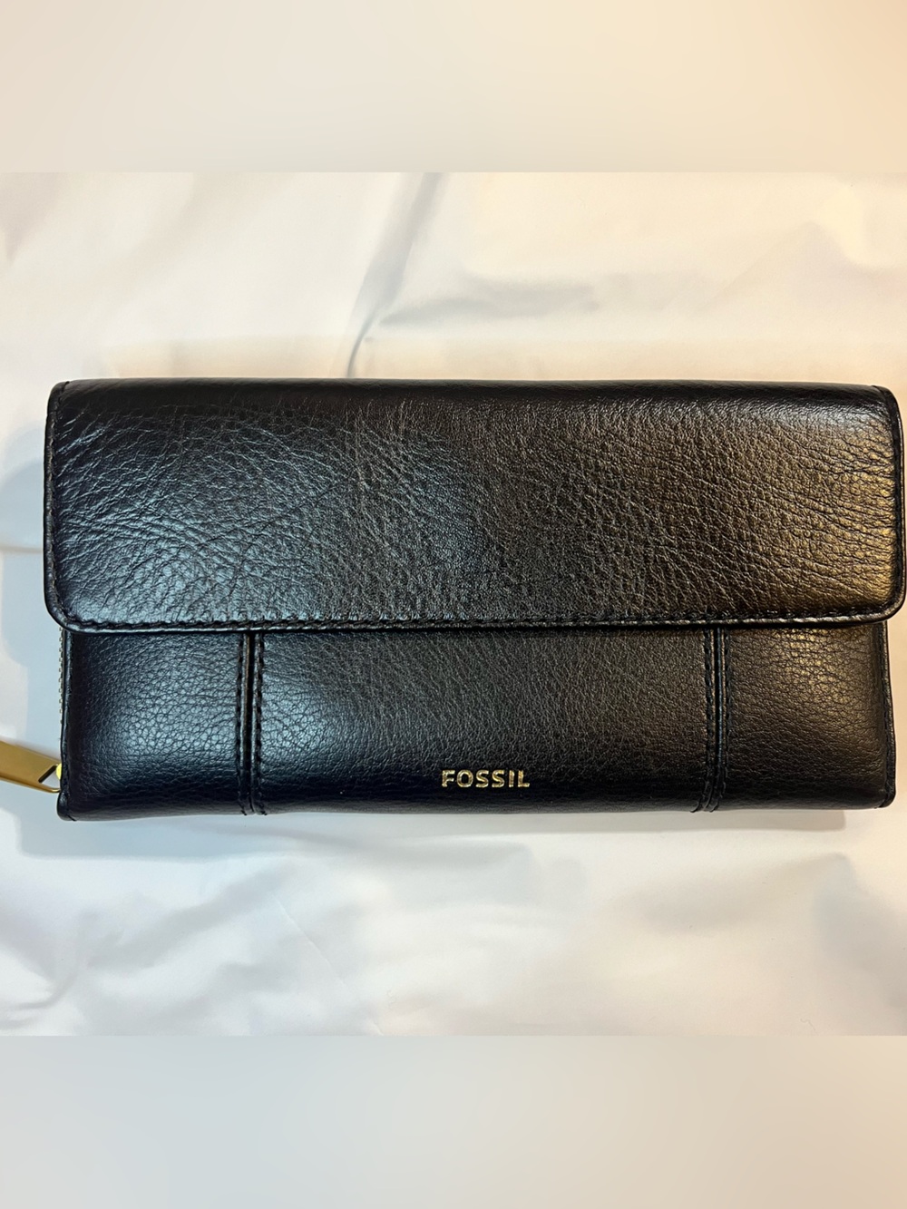 Fossil Black Leather Zip Flap Clutch Wallet Excellent Condition